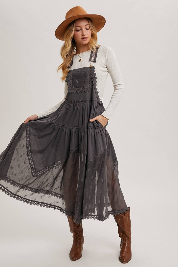 LACE EMBROIDERED TULLE BIB MAXI DRESS WITH LINING