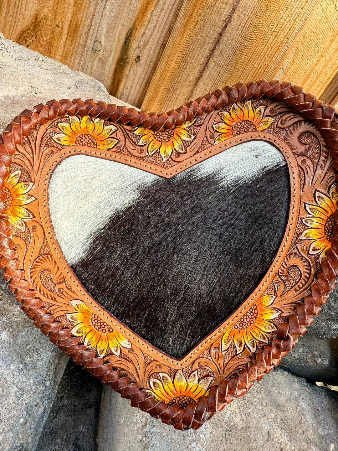 Sunflower Sweetheart Crossbody | Tooled Leather &amp; Cowhide Heart Purse