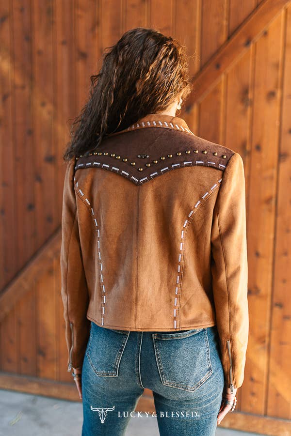 Brown Western Buckstitch Studded Faux Suede Jacket