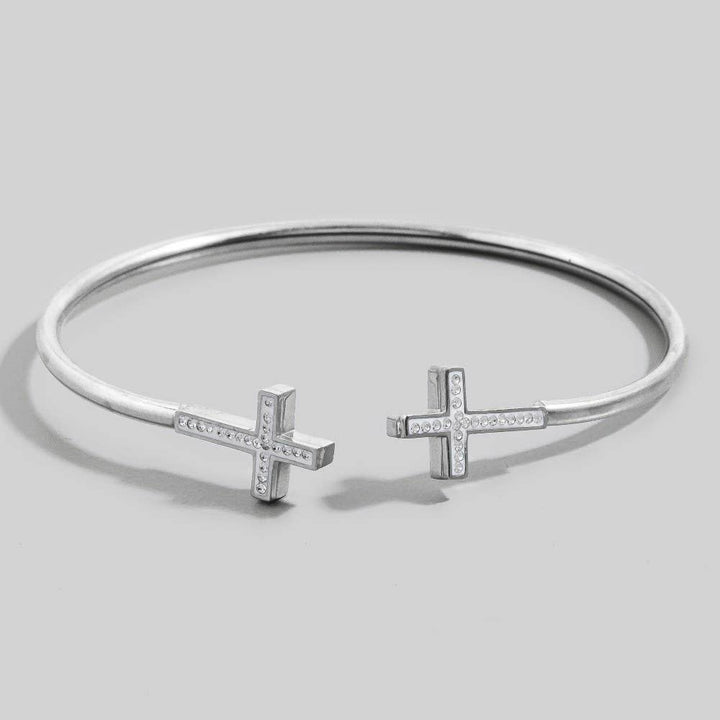 Stainless Steel Double Pave Cross Ends Cuff Bracelet