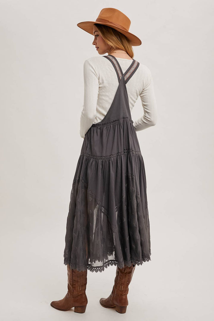 LACE EMBROIDERED TULLE BIB MAXI DRESS WITH LINING