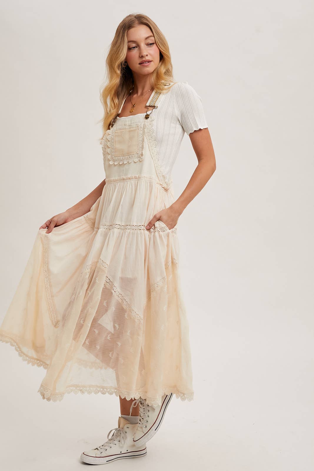 LACE EMBROIDERED TULLE BIB MAXI DRESS WITH LINING
