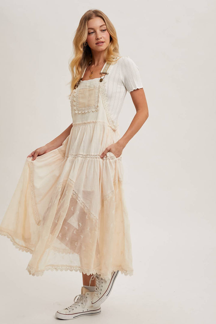 LACE EMBROIDERED TULLE BIB MAXI DRESS WITH LINING