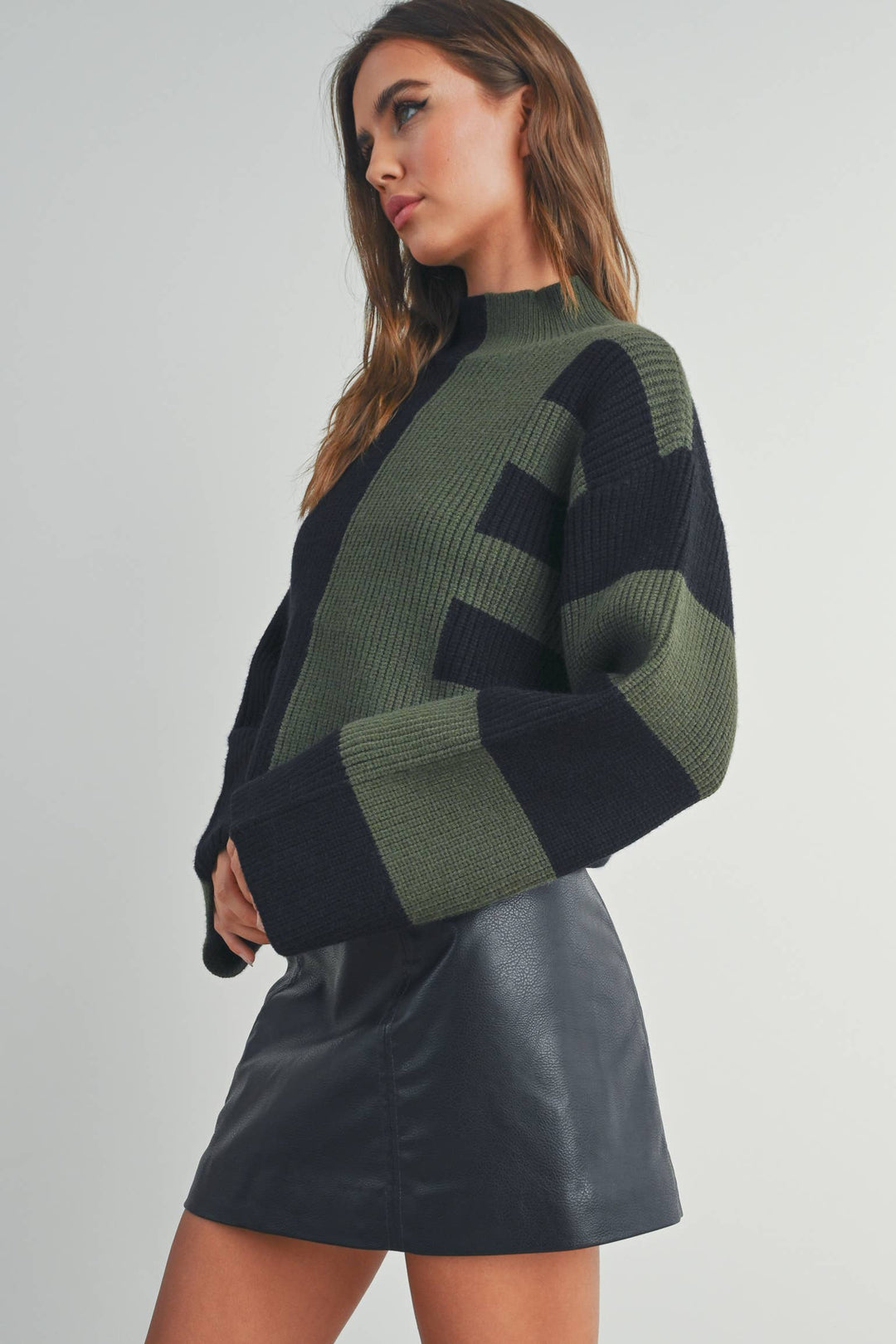 Color Block Mock Turtleneck Sweater