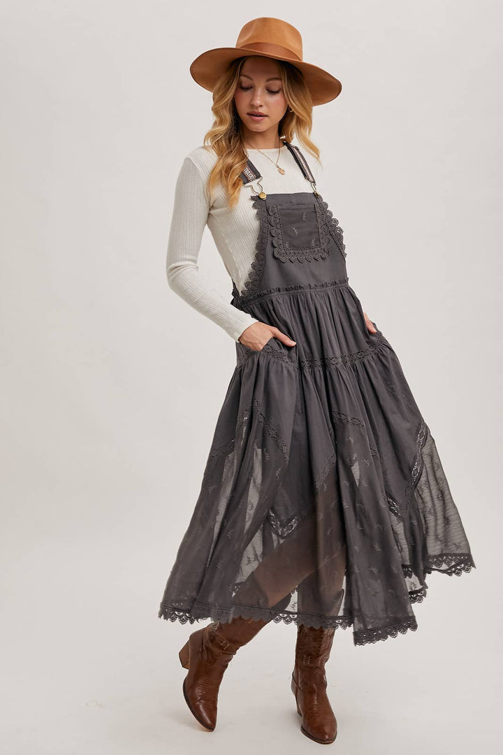 LACE EMBROIDERED TULLE BIB MAXI DRESS WITH LINING