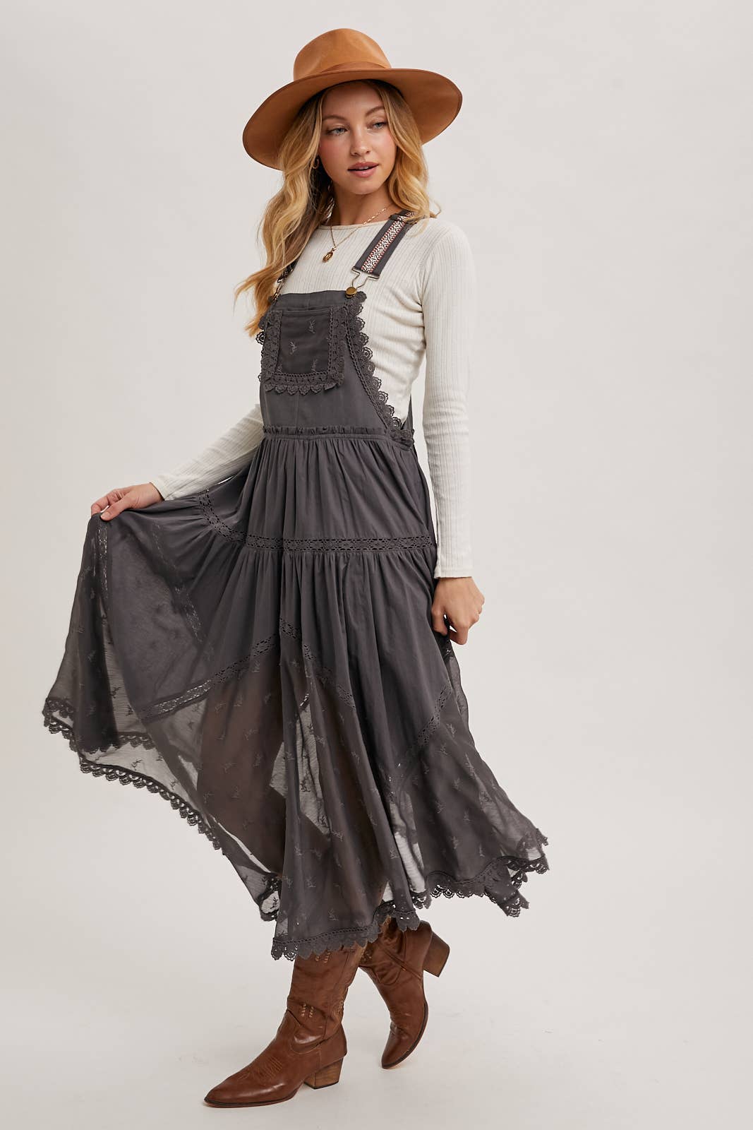 LACE EMBROIDERED TULLE BIB MAXI DRESS WITH LINING