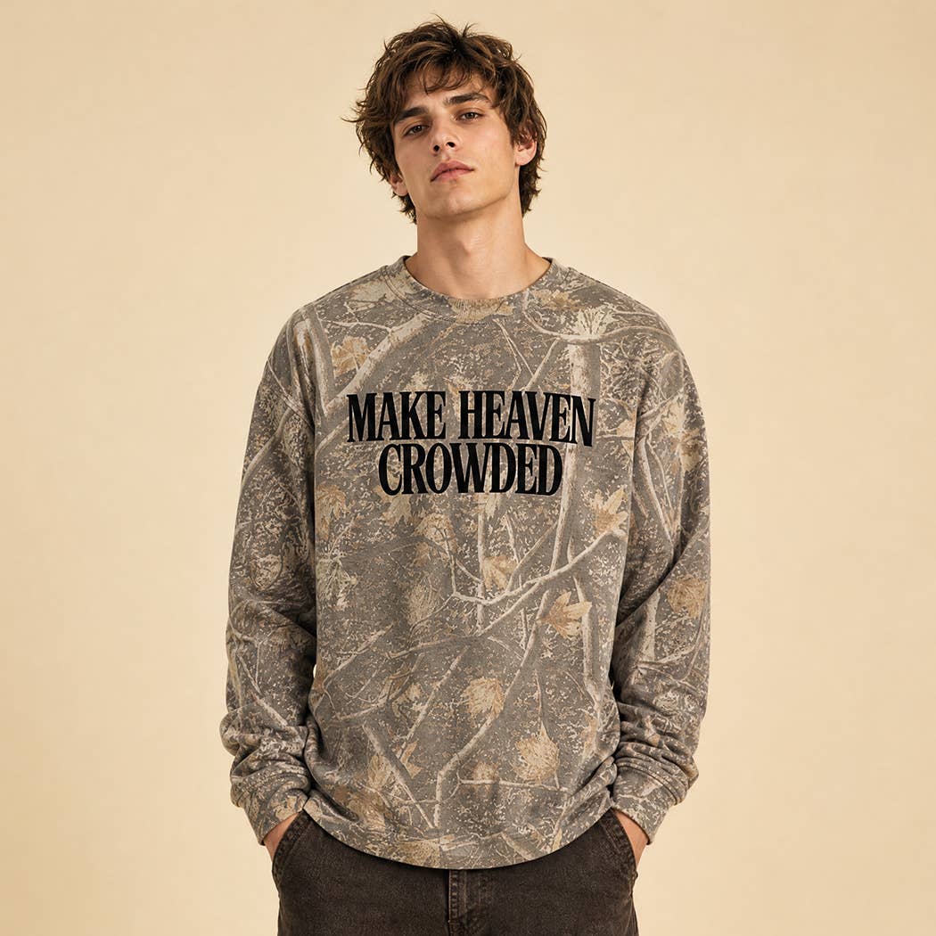 MAKE HEAVEN CROWDED Deadwood Tree Camo Puff Print Crewneck