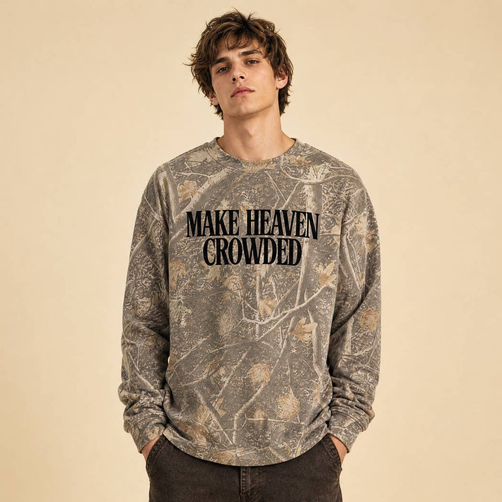 MAKE HEAVEN CROWDED Deadwood Tree Camo Puff Print Crewneck
