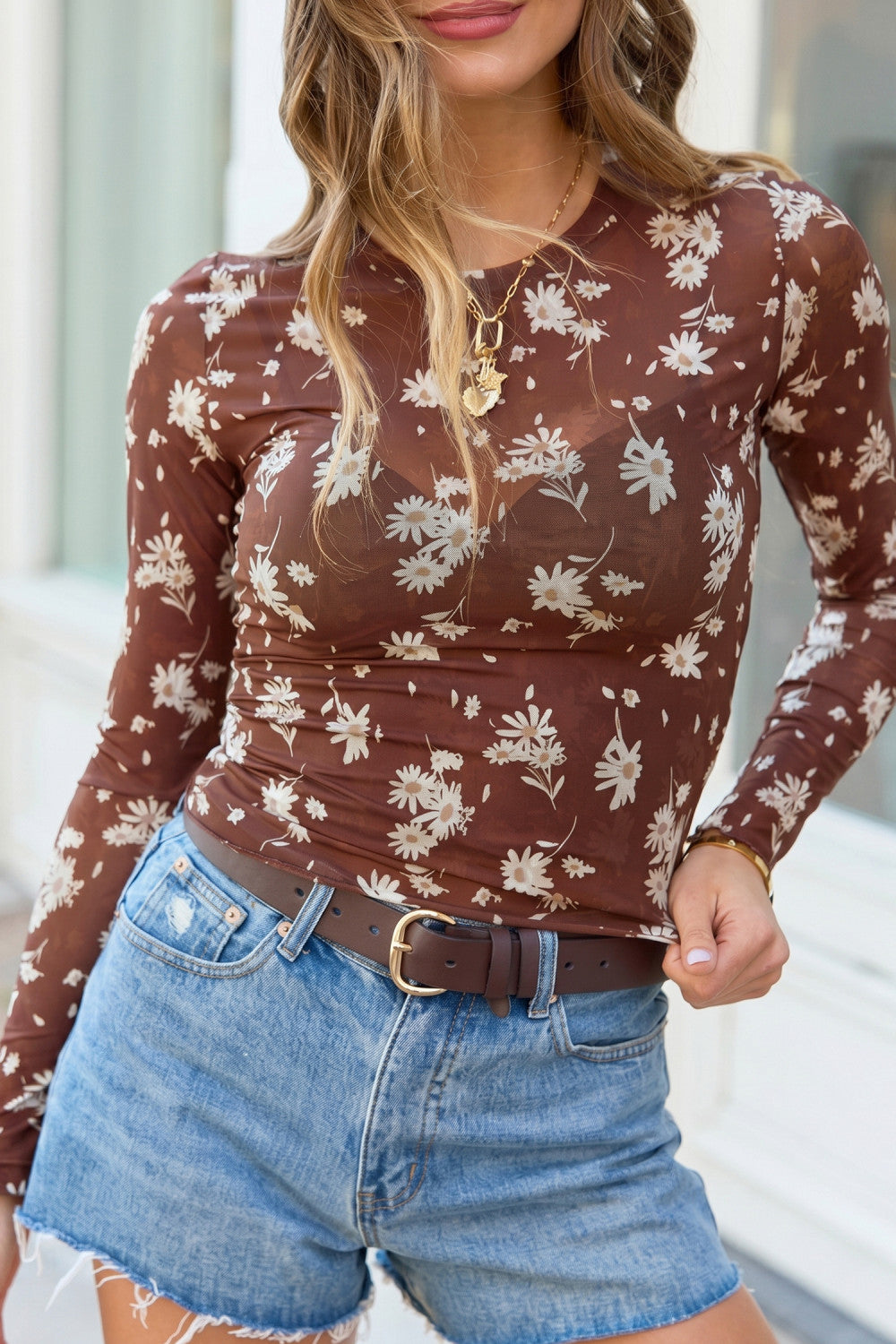 Brown Floral Print Long Sleeve Mesh Top