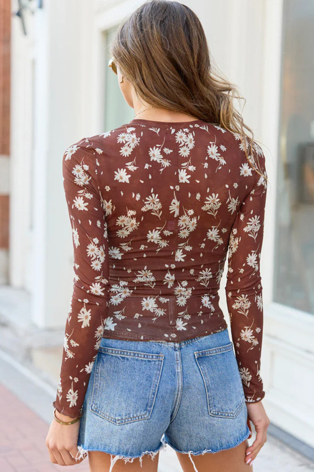 Brown Floral Print Long Sleeve Mesh Top