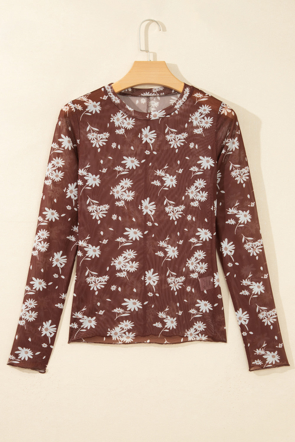 Brown Floral Print Long Sleeve Mesh Top