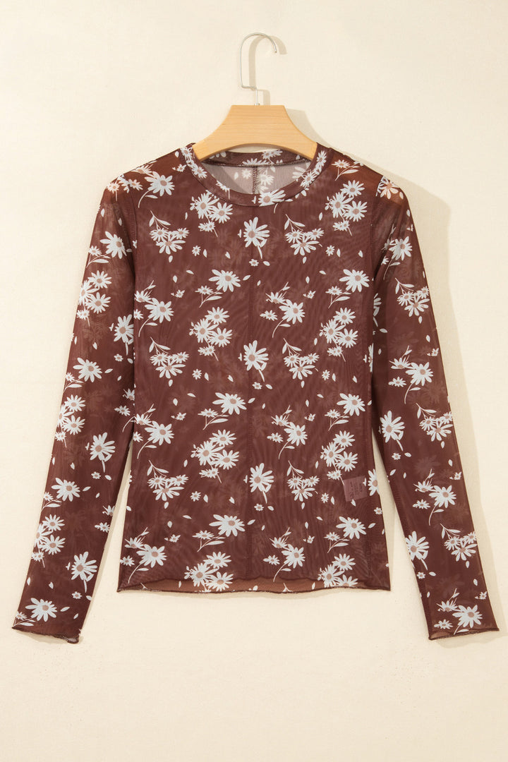 Brown Floral Print Long Sleeve Mesh Top