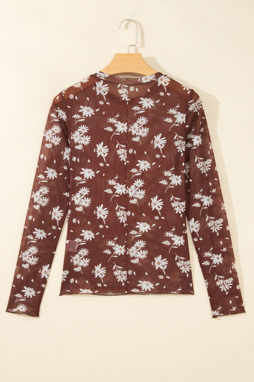 Brown Floral Print Long Sleeve Mesh Top