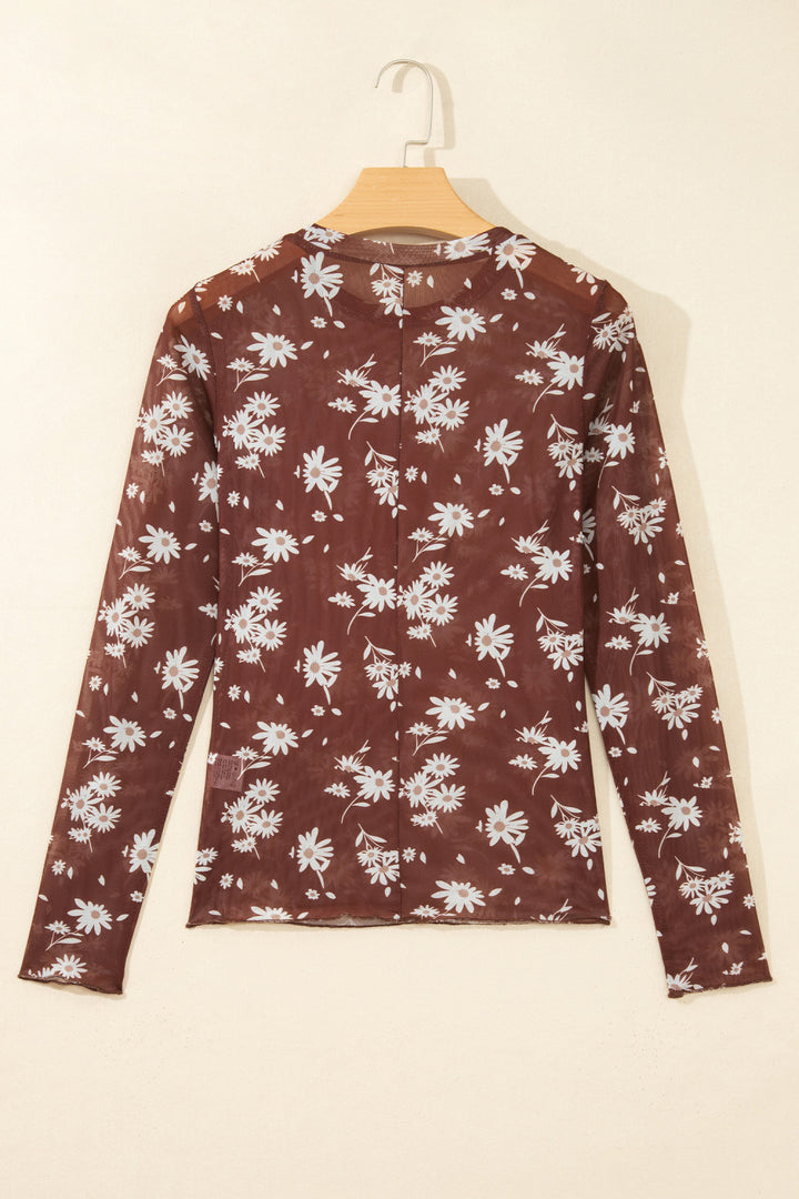 Brown Floral Print Long Sleeve Mesh Top