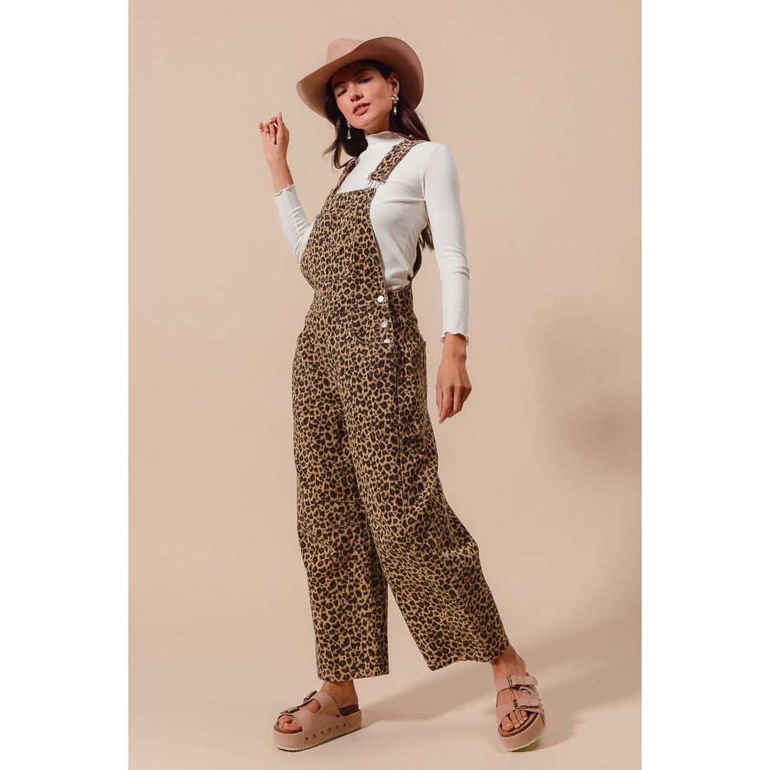 LEOPARD TWILL SLOUCHY BARREL OVERALLS JUMPSUIT