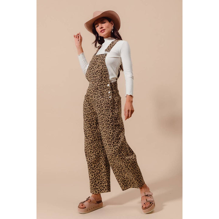 LEOPARD TWILL SLOUCHY BARREL OVERALLS JUMPSUIT
