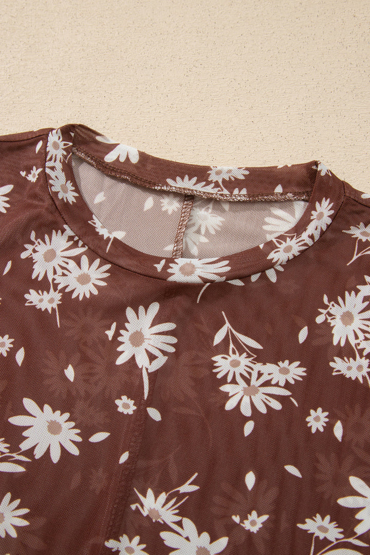 Brown Floral Print Long Sleeve Mesh Top