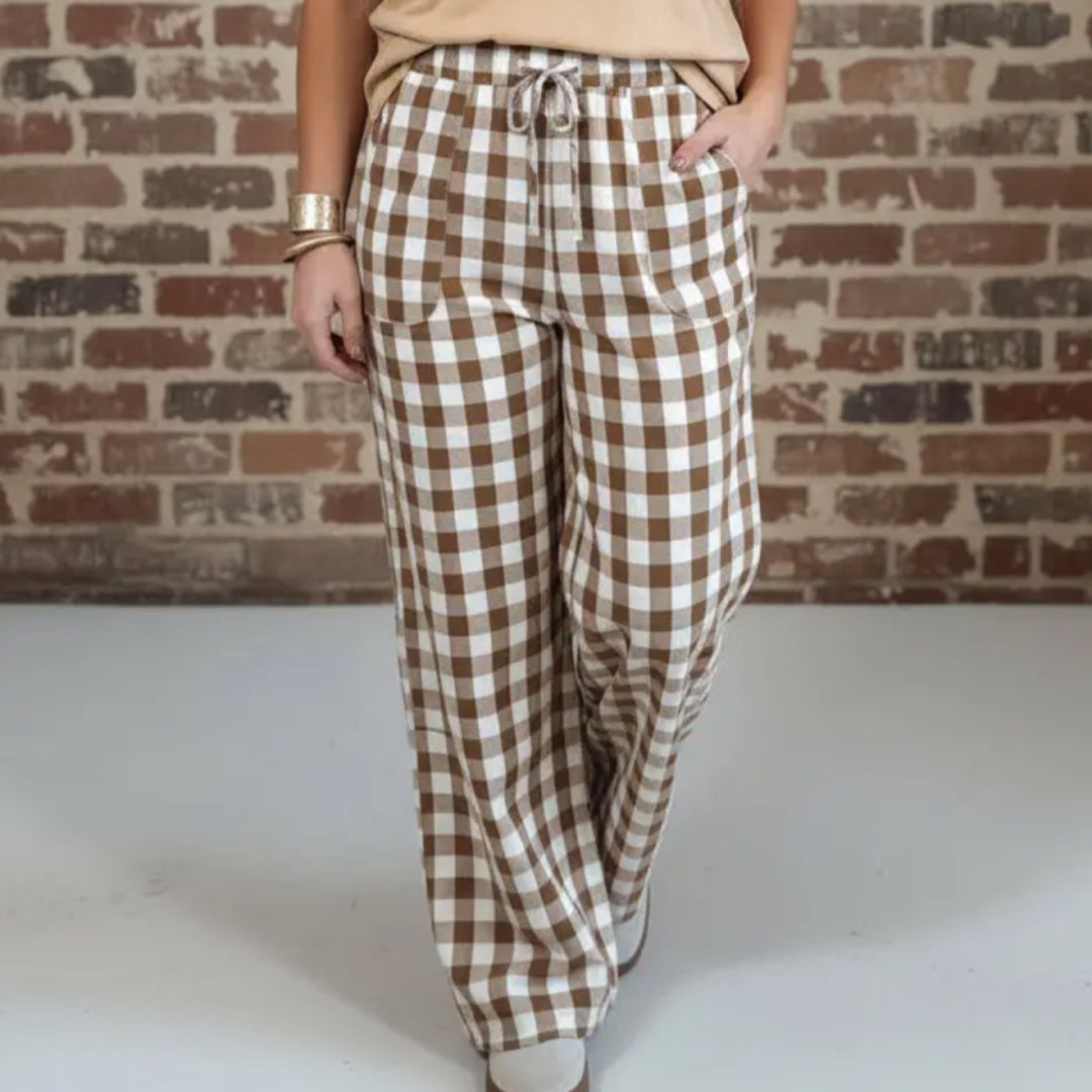Brown Gingham Plaid Drawstring Pants