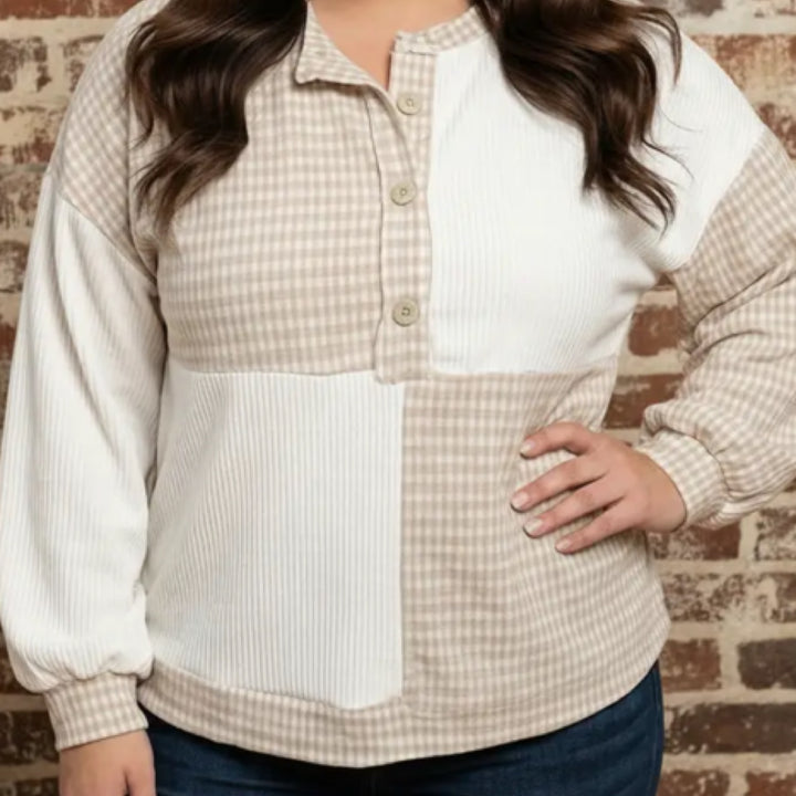 Gingham Patchwork Long Sleeve Blouse