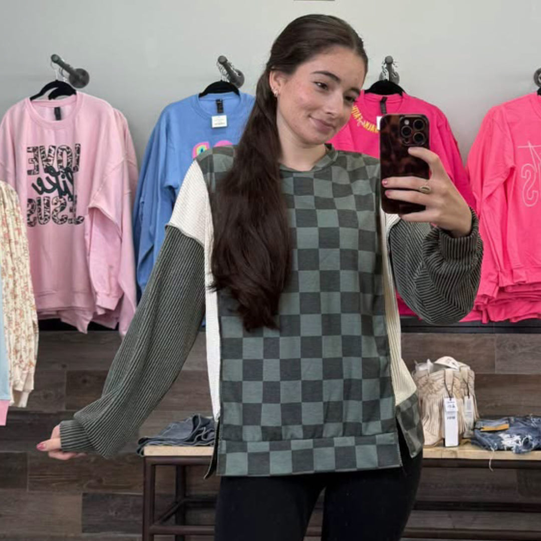 Checkered Print Long Sleeve Green