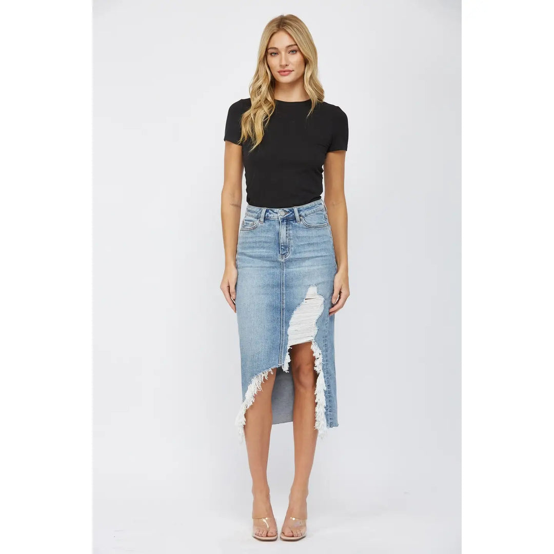 Mica High Waist Midi Skirt With Distressed